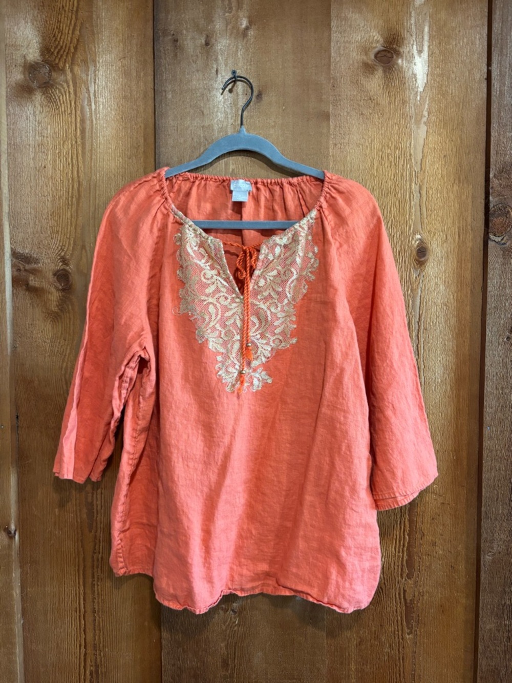 Chico's 100% Linen Embroidered Peasant Blouse Coral Orange Gold Boho Sz12/14